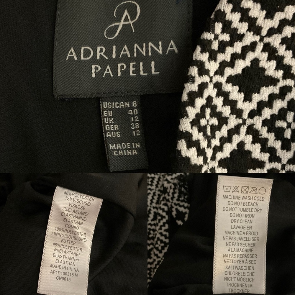 Adrianna Papell V‎ Neck Sleeveless Dress in white and black geometric pattern. 8 - Picture 16 of 16